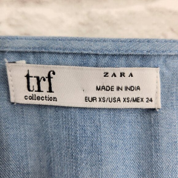 Zara Trafaluc Blue Chambray Balloon Sleeve V Neck Embroidered Boho Top US XS - Picture 5 of 12